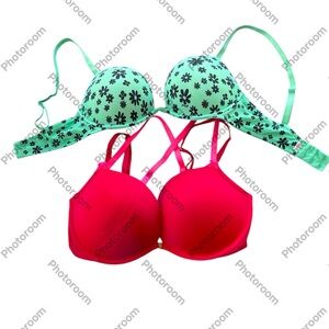 Victoria’s Secret Floral Green and Solid Red Bras Set. Two Bras For $25